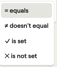 query list for a boolean property lists only equals, doesn't equal, is set, and is not set