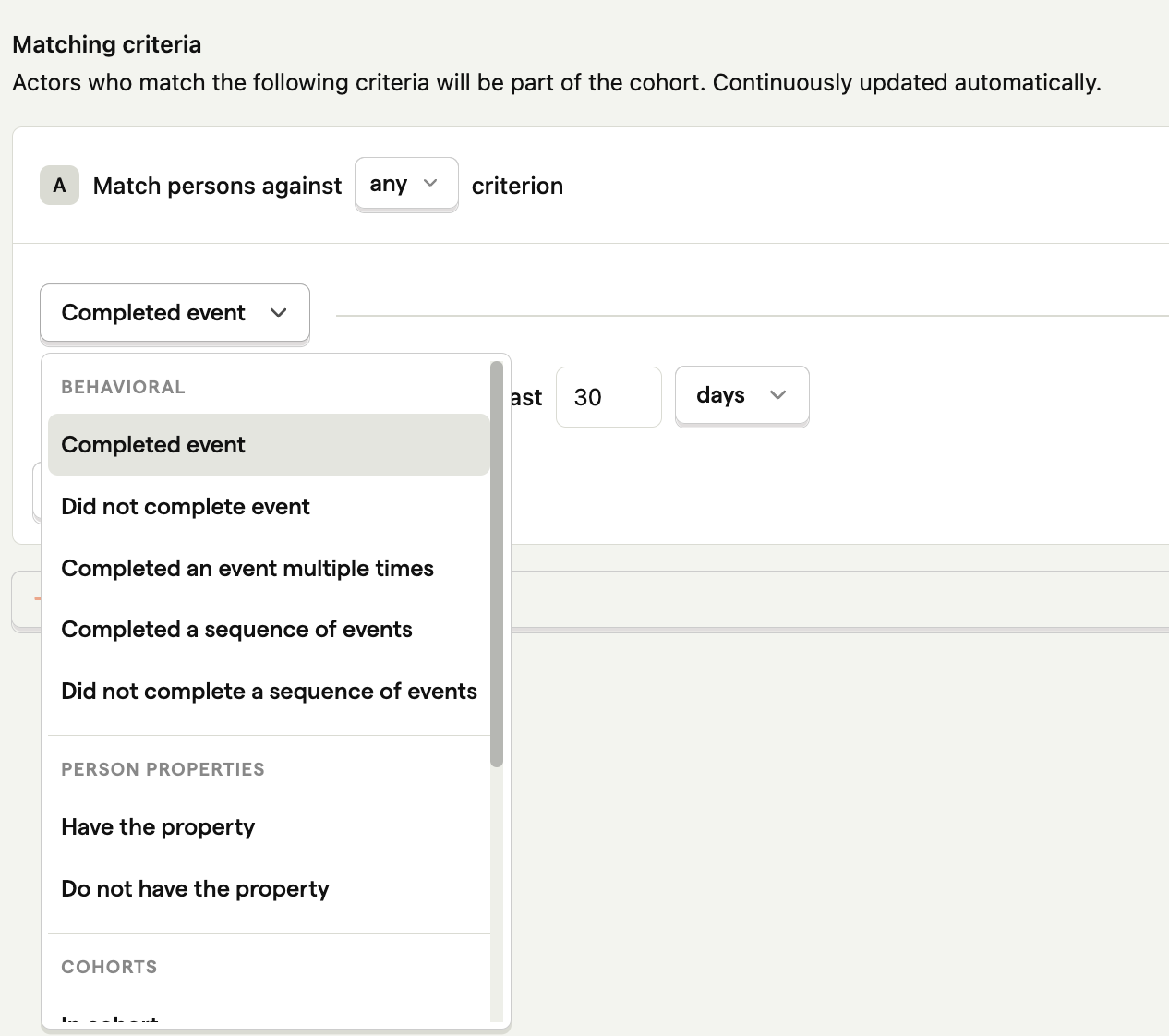 Different criteria options for creating a dynamic cohort